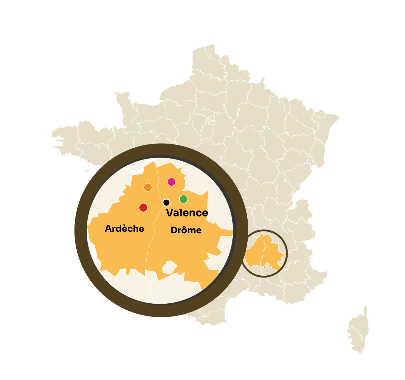 Carte des quatre sites Vergers Banc en Drôme et Ardèche